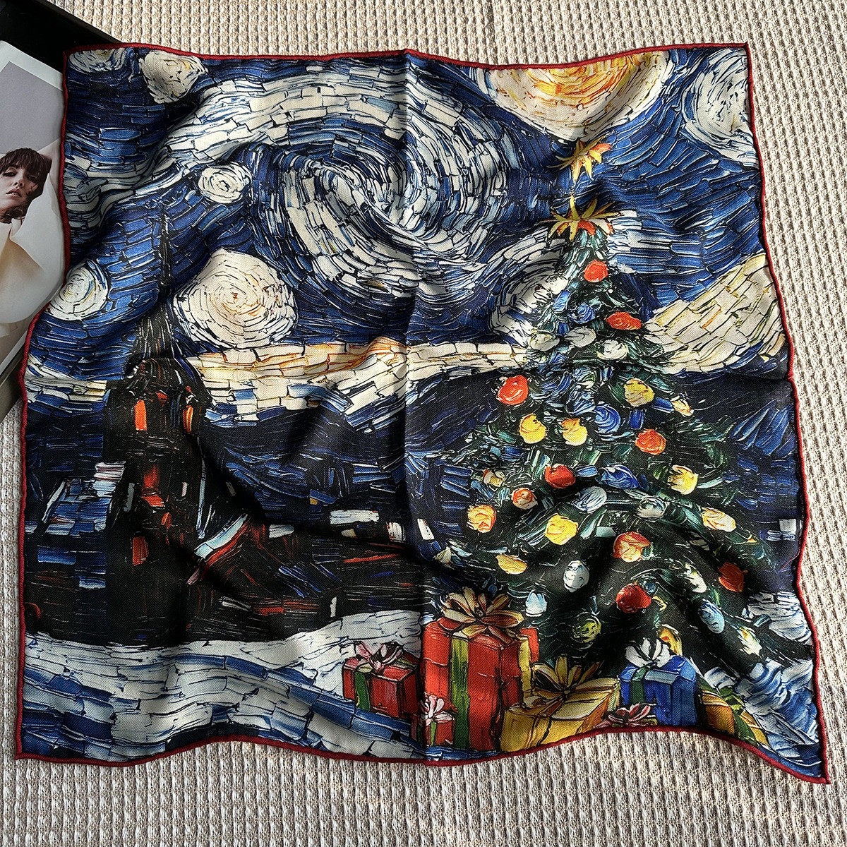 蓝色梵高星空油画风真丝羊毛围巾女士秋冬季百搭保暖65cm方巾披肩