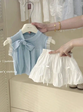 TIMO女童夏季套装2025新款儿童蝴蝶结针织背心上衣花苞裙两件套潮