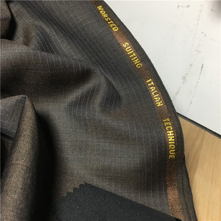 春秋季深咖啡色精纺羊毛条子西装面料栗色西服套装西裤子马甲布料