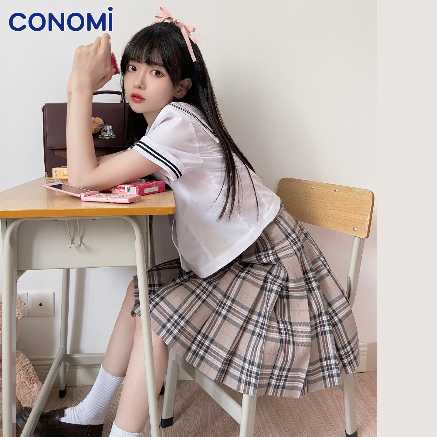 conomi日系学院风1045卡其格子羊毛正版A字百褶半身裙jk制服裙女