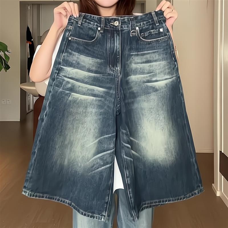 美式复古七分牛仔短裤女夏日2026新款高腰直筒宽松7分阔腿五分裤