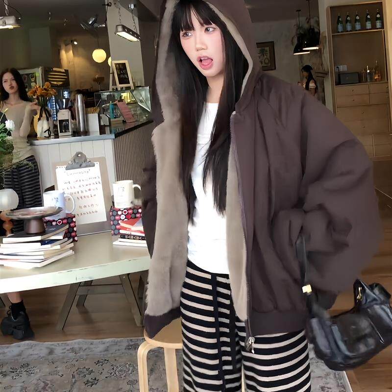 美式覆古彷貂毛连帽座山雕棉服女款冬季加厚保暖情侣棉衣外套夹克