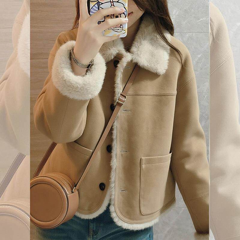 时尚设计感加绒短款外套女2025年冬季新款独特气质超好看翻领上衣