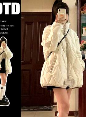 菱格羽绒棉服女2024新款加厚冬季棒球服oversize棉袄韩系棉衣外套