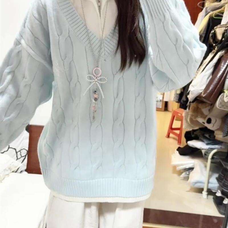 蓝色假两件翻领麻花毛衣女秋冬宽松慵懒风加厚时尚外穿针织衫上衣