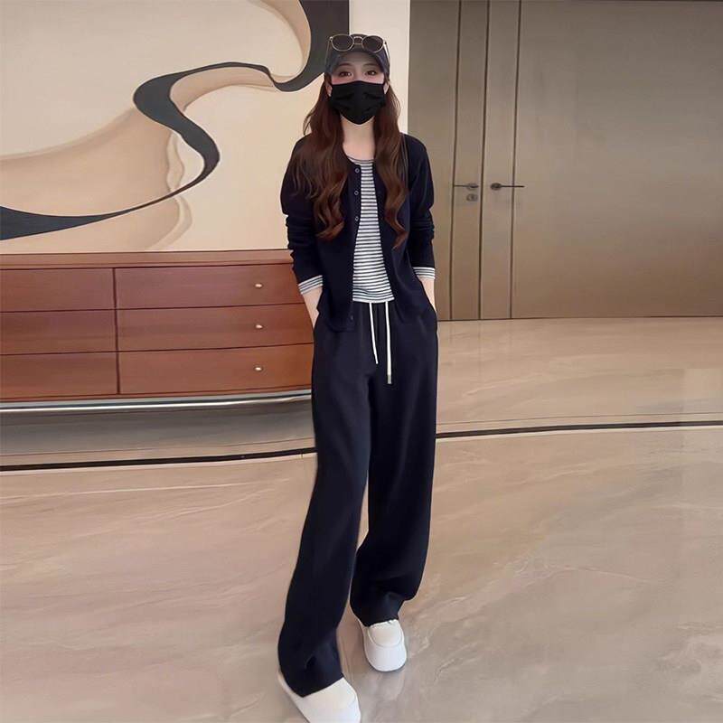 春秋休闲减龄套装女气质撞色假两件上衣高腰显瘦直筒宽裤两件套
