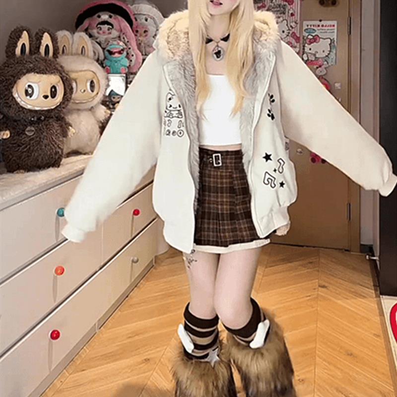 杏色kt刺绣毛领座山雕棉服外套女款秋冬美式宽松短款夹克连帽棉衣
