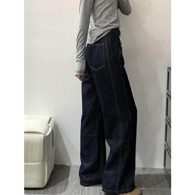 深蓝色阔腿牛仔裤女夏季新款大码胖mm梨形身材宽松显瘦高腰直筒裤