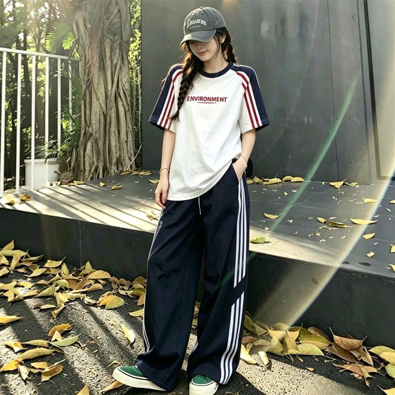 学院风复古运动套装女夏季初高中学生宽松时尚短袖长裤休闲两件式