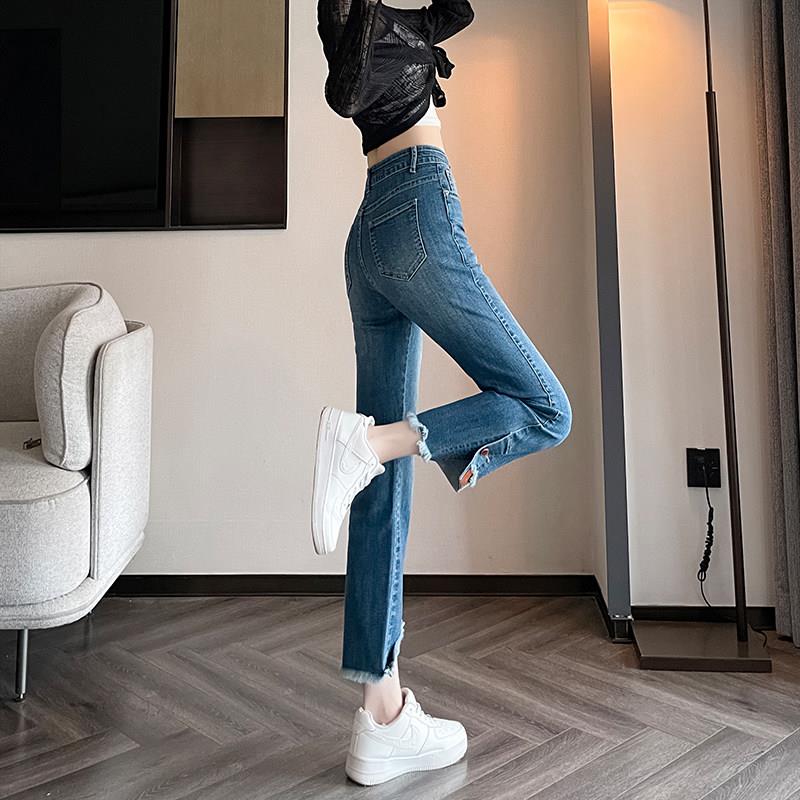 复古烟管牛仔裤女春秋新款2025爱心翻边拼接毛边小个子直筒九分裤