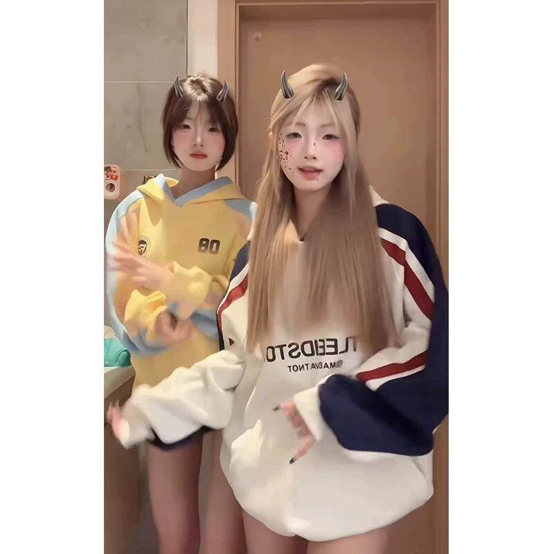 美式复古连帽慵懒风chic撞色卫衣女春秋款潮牌秋冬设计感小众外套