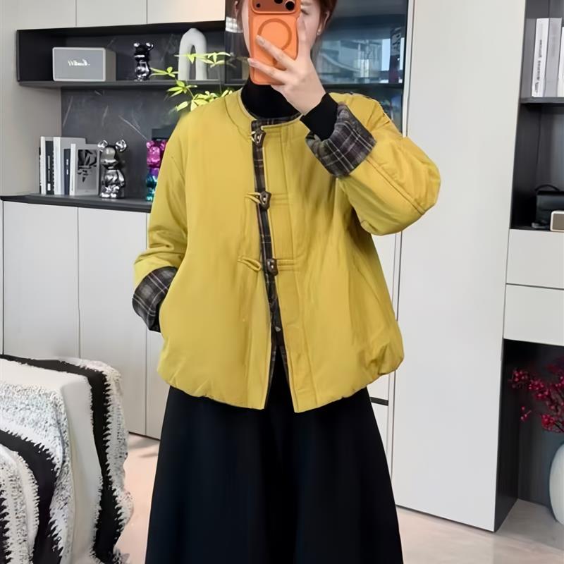 韩版圆领拼接格纹棉服外套女2025秋冬新款宽松休闲夹棉保暖棉衣潮