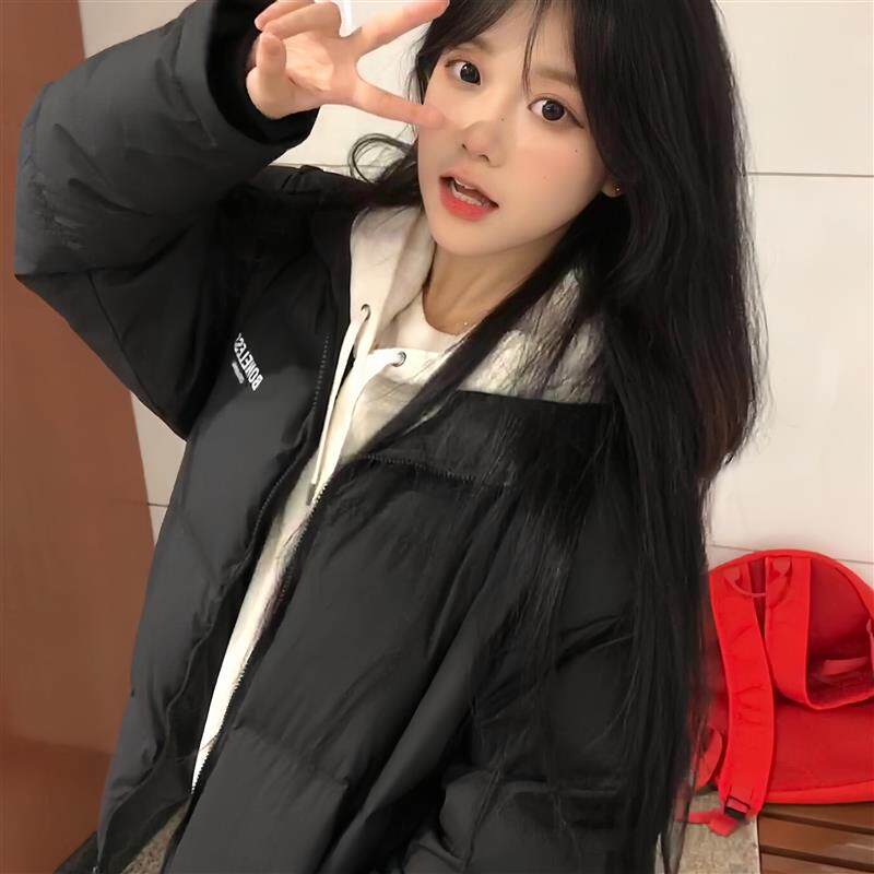 黑色百搭小个子面包棉服女大童冬季初中高中学生宽松加厚外套棉袄