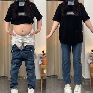 蓝灰色直筒牛仔裤女小个子秋冬加绒大码胖mm高腰显瘦九分烟管裤子