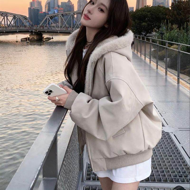 羊羔毛绒厚外套棉服女款2025新款冬季连帽小个子短款保暖情侣棉袄