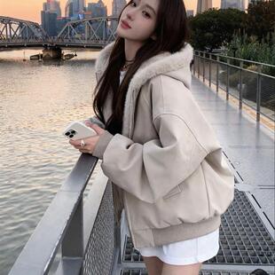 羊羔毛绒厚外套棉服女款2025新款冬季连帽小个子短款保暖情侣棉袄