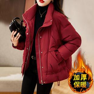 今年流行爆款红色羽绒棉服女款2024新款冬季加厚设计感棉衣外套女