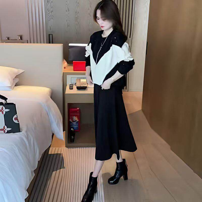 韩版时尚毛衣套装女春秋新款宽松减龄针织套头衫上衣半身裙两件套