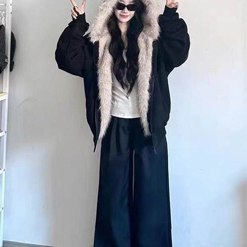 黑色棉服女2025冬季新款座山雕猫耳夹棉毛绒外套加厚保暖情侣棉衣