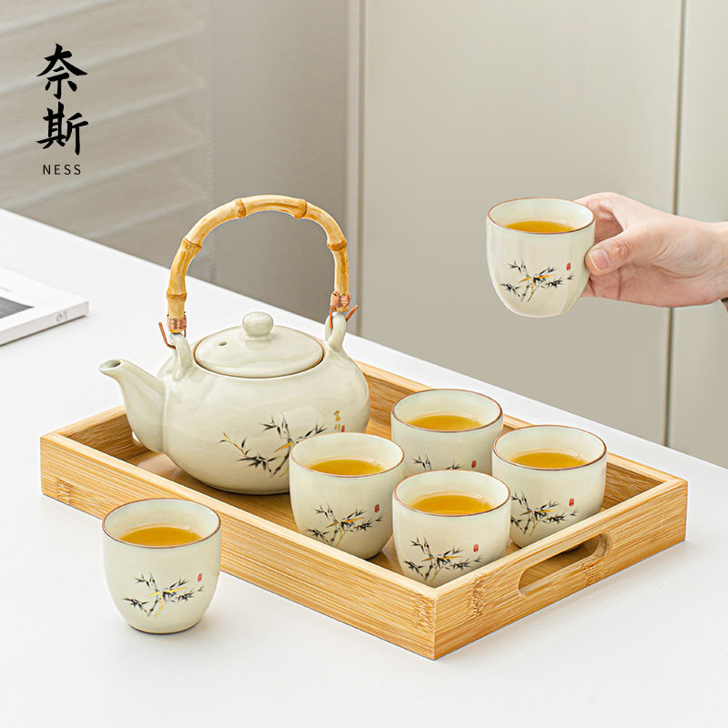 祥业陶瓷提梁套装家用中式高档茶壶待客泡茶壶茶杯办公室功夫茶具