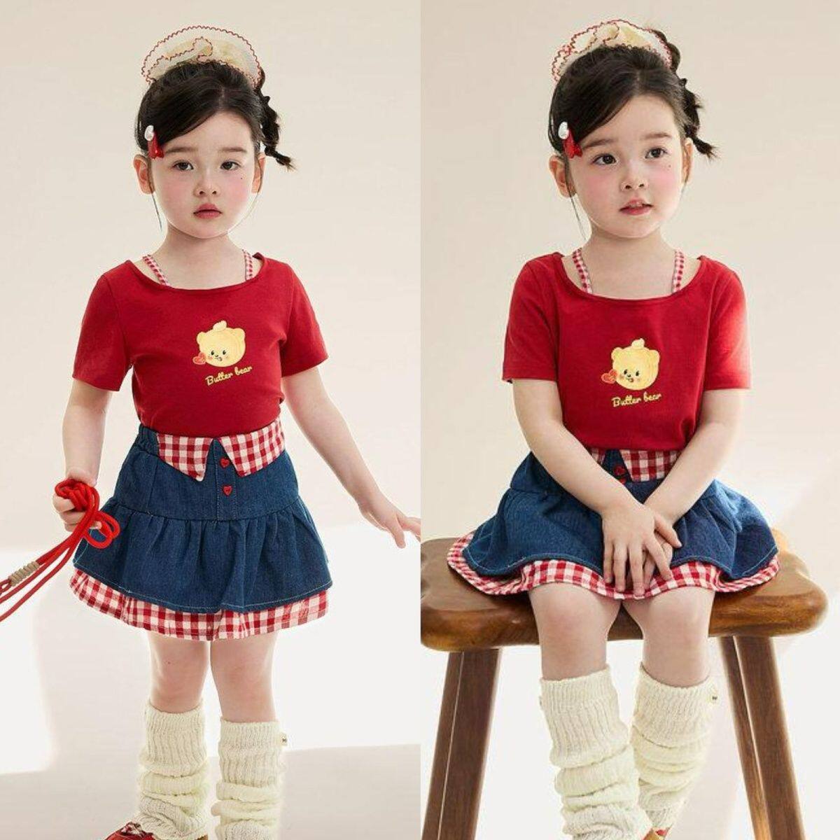 女童套装2026夏季新款儿童洋气时髦卡通印花短袖T恤牛仔半身裙