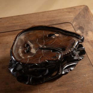 清代红木透雕荷叶纹器座老物件文玩古董收藏中式桌面大红酸枝底座