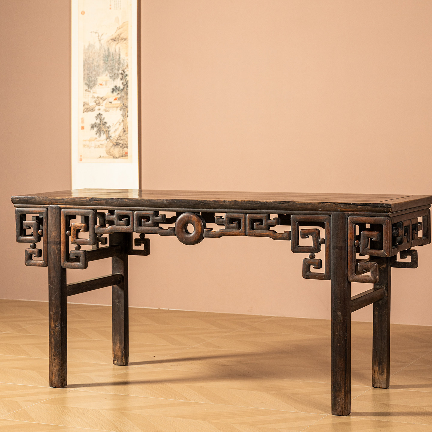 清代乌木及花梨木拐子拱璧纹画案