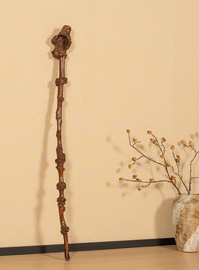 黄杨木雕根结形福寿纹手杖