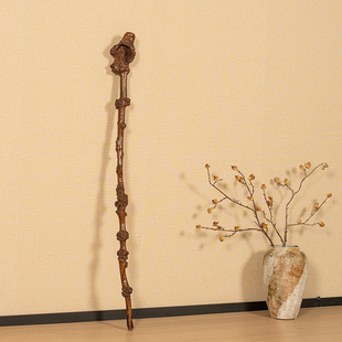 清代黄杨木雕根结形福寿纹手杖文玩古董收藏黄花梨雕拐杖文人杖