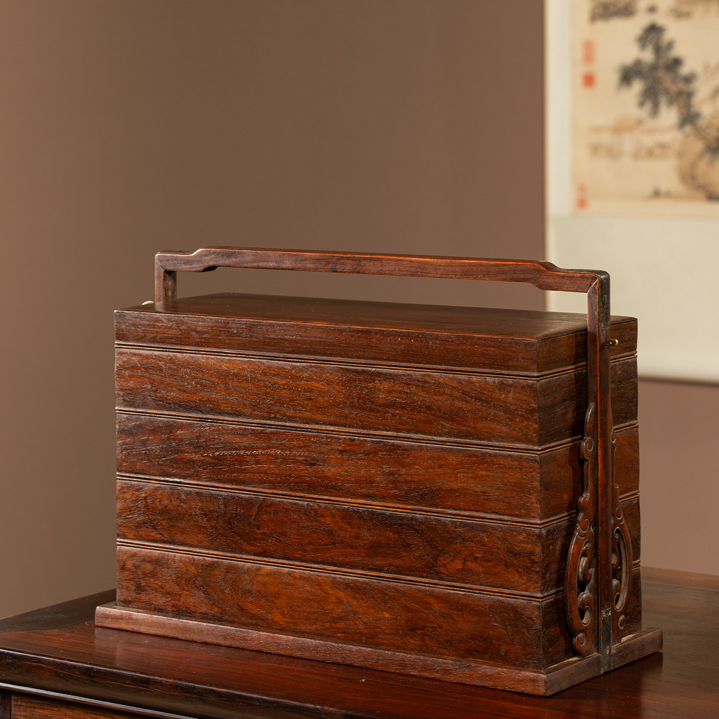 清代黄花梨四撞提梁盒文玩古董收藏书房桌面摆件海南黄花梨文房盒