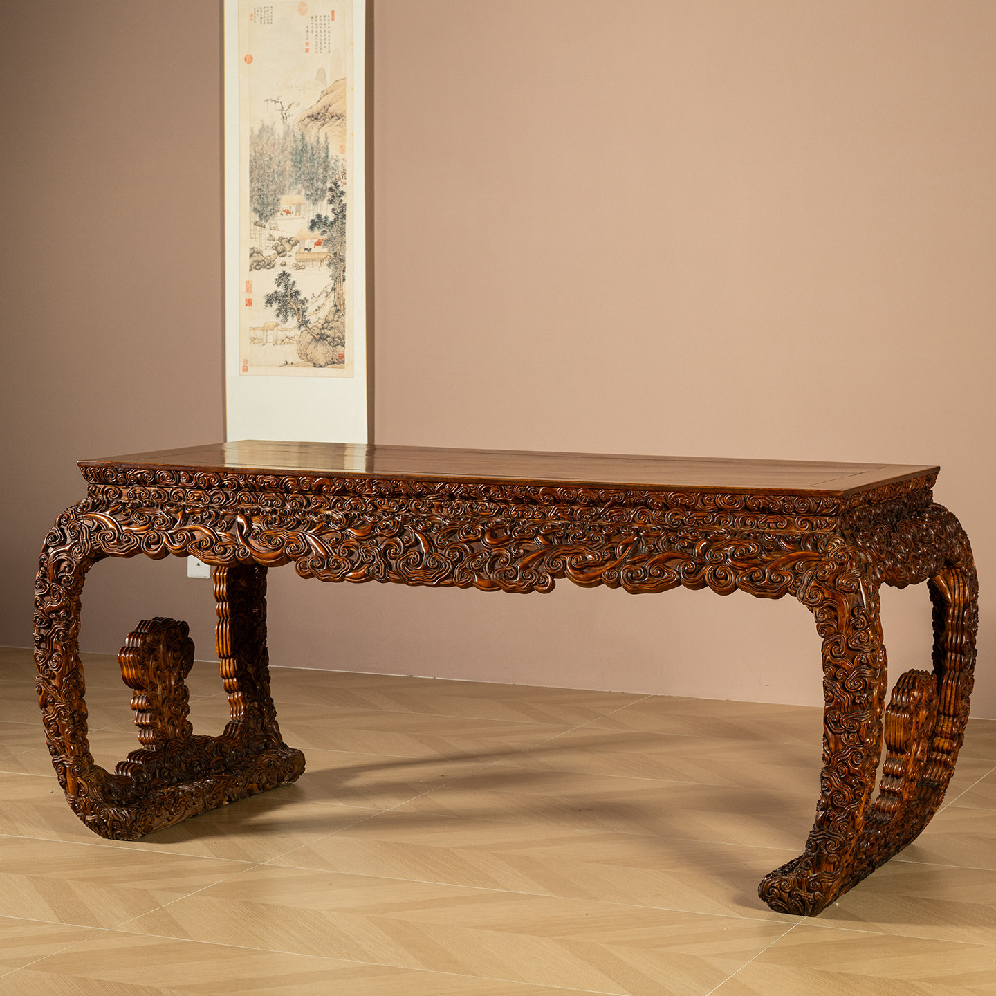 清代 黄花梨满雕灵芝纹独板画案古董家具海南黄花梨书桌办公桌