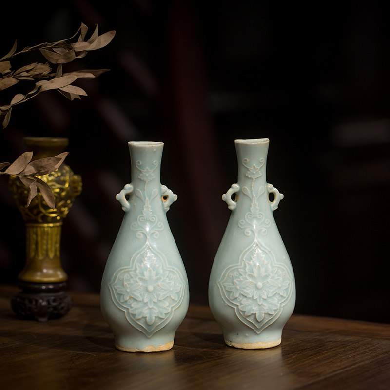 清代湖田窑影青釉花卉纹壁瓶（一对）老物件文玩古董瓷器收藏真品