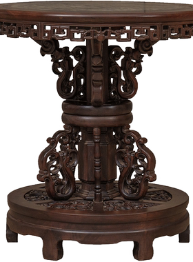 红木镶云石透雕龙纹百灵台