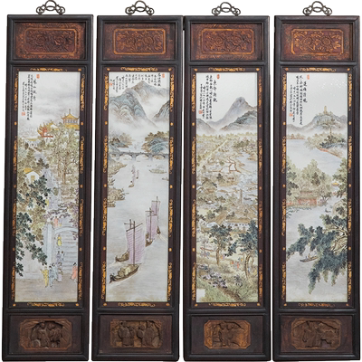 红木镶王云泉款瓷板画四条屏