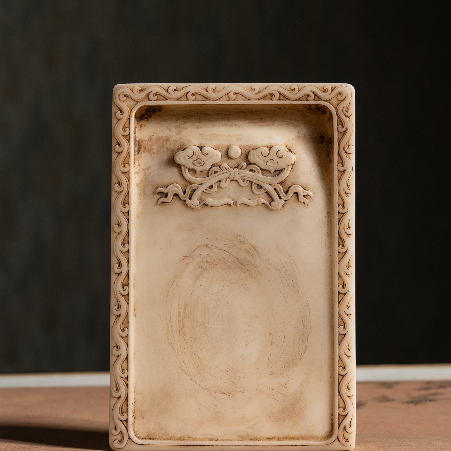 清代螭龙如意纹长方白端砚（红木砚盒）古董收藏文房四宝砚台摆件