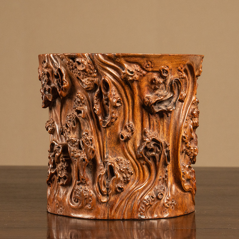 清代 黄花梨雕树瘤笔筒文玩古董收藏书房桌面摆件海南黄花梨笔筒