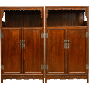 二十世纪红木券口带围栏万历柜(一对)中式古典家具大红酸枝书柜