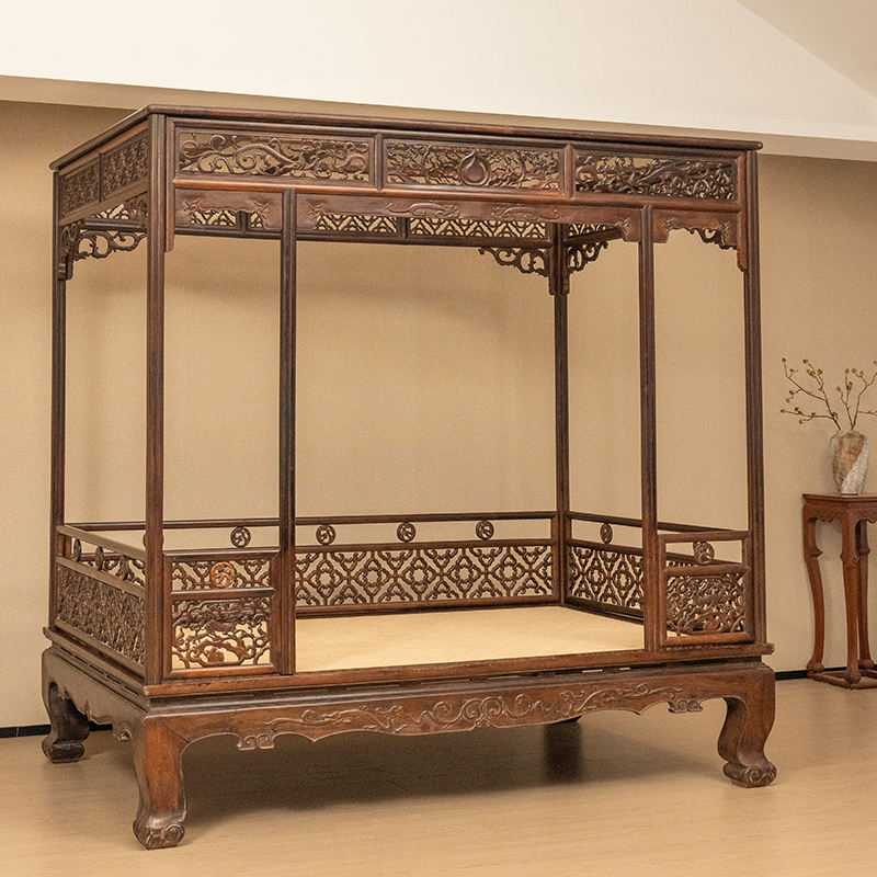 清代红木透雕螭龙纹四合如意六柱架子床明清古典家具古董收藏真品