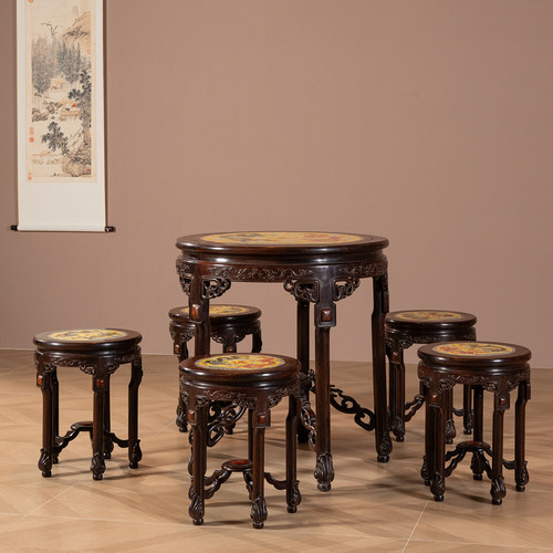 红木镶粉彩瓷板双龙戏珠圆台