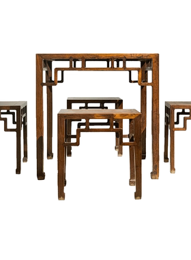 清代红木罗锅霸枨矮佬四面平方桌方凳成套（一桌四凳）明式家具