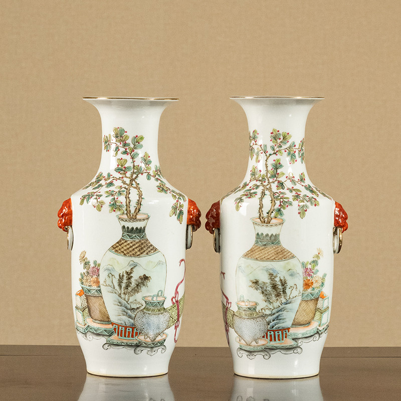 清代许品衡款浅绛彩博古纹花瓶（一对）文玩古董瓷器艺术品摆件
