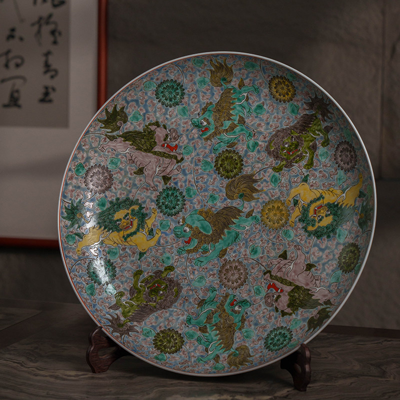 清代五彩太师少师大盘老物件文玩古董瓷器艺术品收藏中式装饰摆件