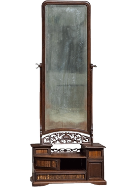 民国 红木嵌竹透雕花卉纹穿衣镜中式古典家具收藏老红木试衣镜