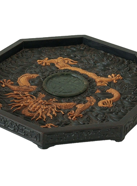 紫檀嵌黄杨镶碧玉雕戏水龙纹呈盘