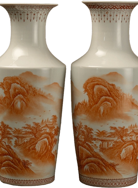 汪野亭款矾红彩山水图花瓶