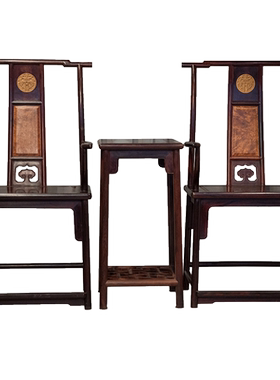 二十世纪小叶紫檀镶瘿木嵌黄杨木寿字纹四出头官帽椅成套两椅一几