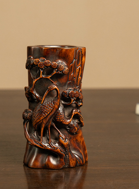 黄杨木高浮雕松鹤延年诗文笔筒