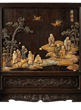 紫檀百宝嵌罗汉图插屏