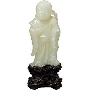 清代和田玉雕持经罗汉（红木座）文玩和田玉籽料罗汉摆件292.8g