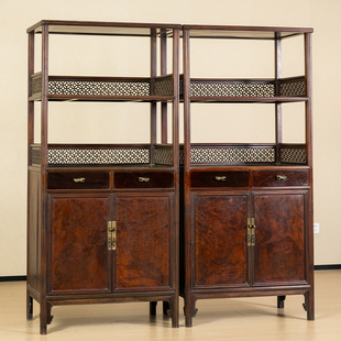 清代红木镶瘿木海棠围栏双层亮格柜（一对）明清古典家具收藏书柜